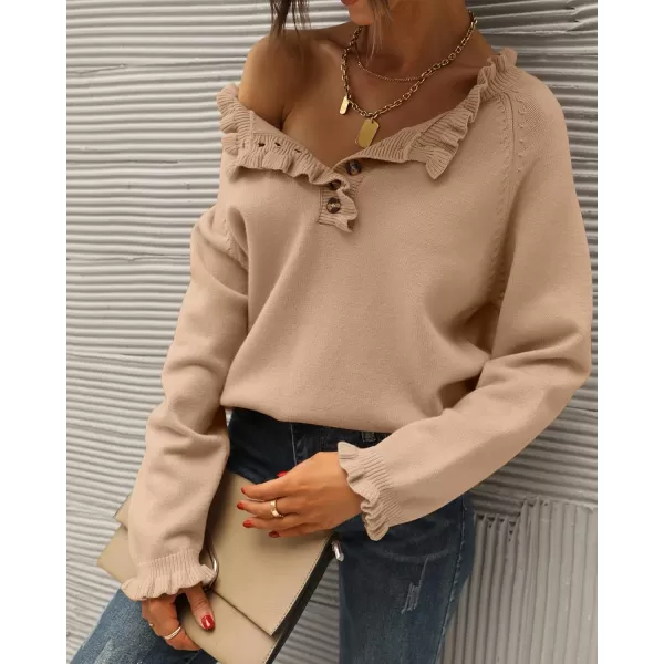 BTFBM 2024 Womens Sweaters Fall Winter Outfits Long Sleeve Button Down Ruffle Crew Neck Casual Knitted Pullover TopsSolid Khaki