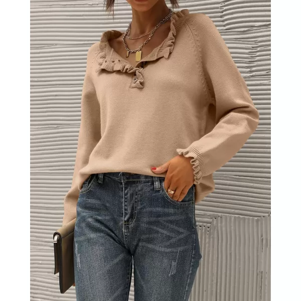 BTFBM 2024 Womens Sweaters Fall Winter Outfits Long Sleeve Button Down Ruffle Crew Neck Casual Knitted Pullover TopsSolid Khaki