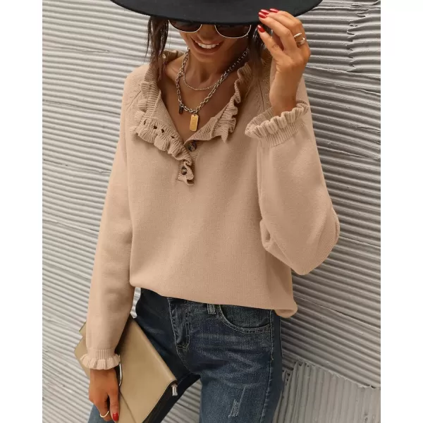 BTFBM 2024 Womens Sweaters Fall Winter Outfits Long Sleeve Button Down Ruffle Crew Neck Casual Knitted Pullover TopsSolid Khaki
