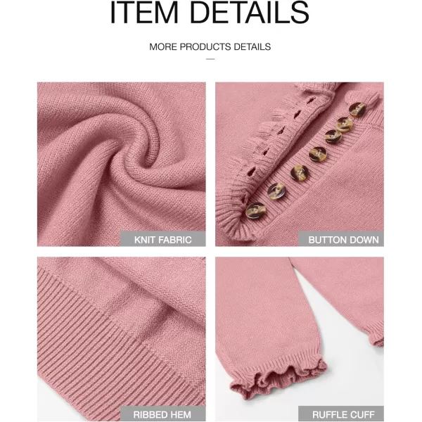 BTFBM 2024 Womens Sweaters Fall Winter Outfits Long Sleeve Button Down Ruffle Crew Neck Casual Knitted Pullover TopsSolid Mid Pink