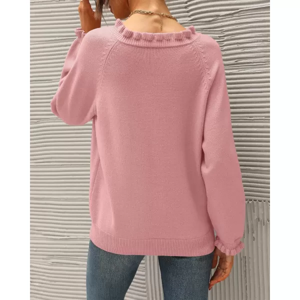 BTFBM 2024 Womens Sweaters Fall Winter Outfits Long Sleeve Button Down Ruffle Crew Neck Casual Knitted Pullover TopsSolid Mid Pink