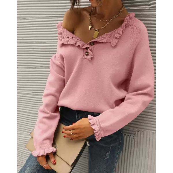 BTFBM 2024 Womens Sweaters Fall Winter Outfits Long Sleeve Button Down Ruffle Crew Neck Casual Knitted Pullover TopsSolid Mid Pink