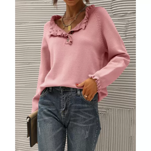 BTFBM 2024 Womens Sweaters Fall Winter Outfits Long Sleeve Button Down Ruffle Crew Neck Casual Knitted Pullover TopsSolid Mid Pink