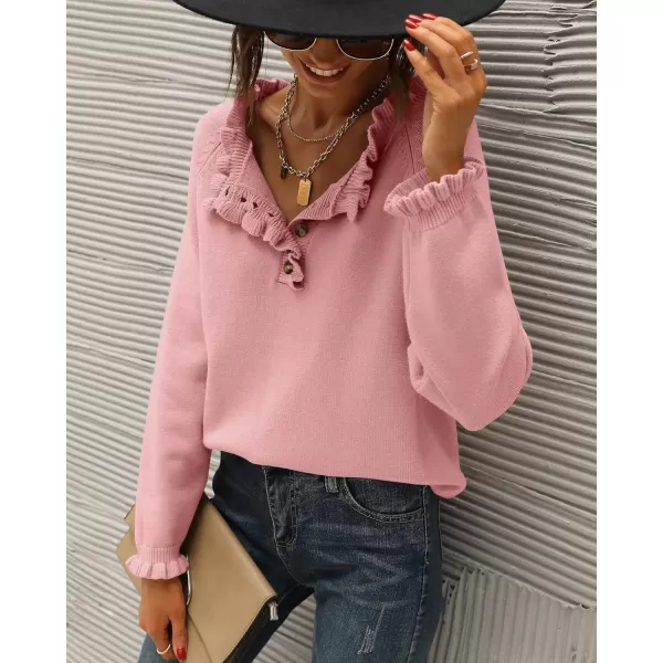 BTFBM 2024 Womens Sweaters Fall Winter Outfits Long Sleeve Button Down Ruffle Crew Neck Casual Knitted Pullover TopsSolid Mid Pink