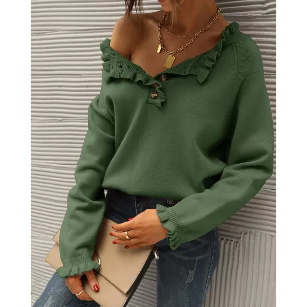 BTFBM 2024 Womens Sweaters Fall Winter Outfits Long Sleeve Button Down Ruffle Crew Neck Casual Knitted Pullover TopsSolid Olive Green