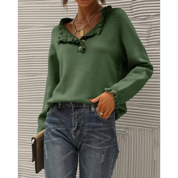 BTFBM 2024 Womens Sweaters Fall Winter Outfits Long Sleeve Button Down Ruffle Crew Neck Casual Knitted Pullover TopsSolid Olive Green