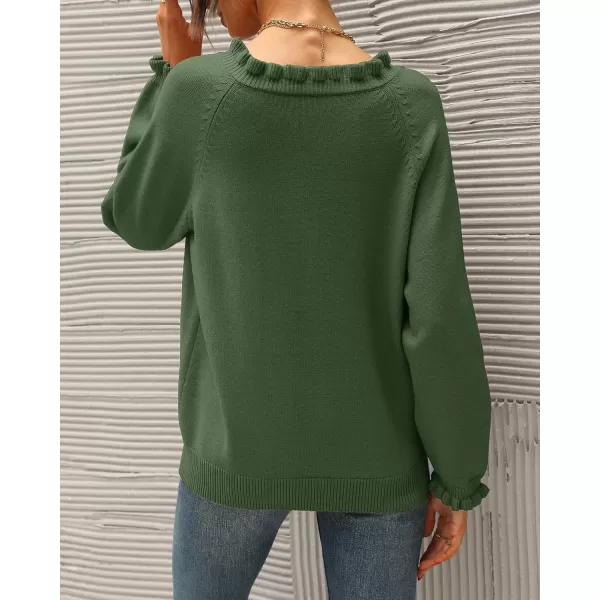 BTFBM 2024 Womens Sweaters Fall Winter Outfits Long Sleeve Button Down Ruffle Crew Neck Casual Knitted Pullover TopsSolid Olive Green