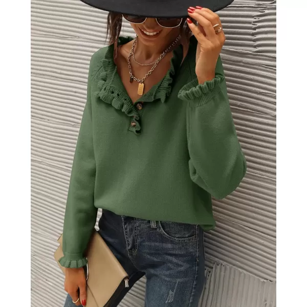 BTFBM 2024 Womens Sweaters Fall Winter Outfits Long Sleeve Button Down Ruffle Crew Neck Casual Knitted Pullover TopsSolid Olive Green