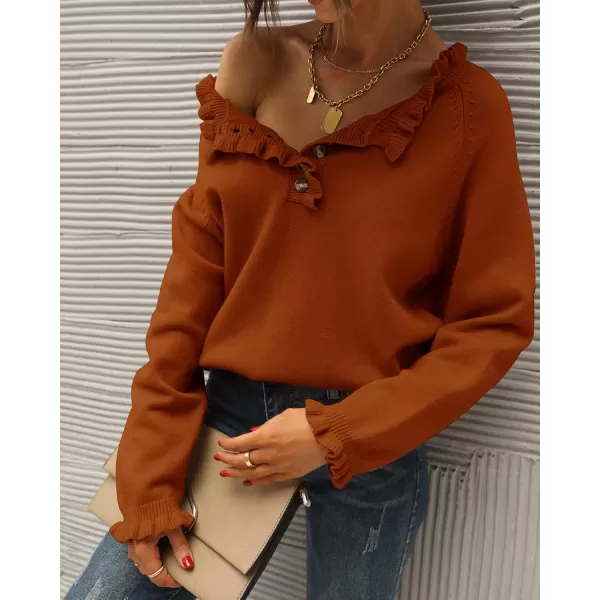 BTFBM 2024 Womens Sweaters Fall Winter Outfits Long Sleeve Button Down Ruffle Crew Neck Casual Knitted Pullover TopsSolid Orange Yellow