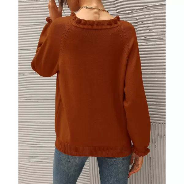 BTFBM 2024 Womens Sweaters Fall Winter Outfits Long Sleeve Button Down Ruffle Crew Neck Casual Knitted Pullover TopsSolid Orange Yellow
