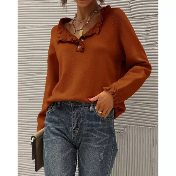 BTFBM 2024 Womens Sweaters Fall Winter Outfits Long Sleeve Button Down Ruffle Crew Neck Casual Knitted Pullover TopsSolid Orange Yellow