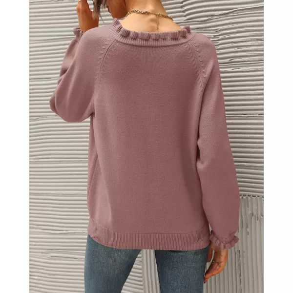 BTFBM 2024 Womens Sweaters Fall Winter Outfits Long Sleeve Button Down Ruffle Crew Neck Casual Knitted Pullover TopsSolid Pink