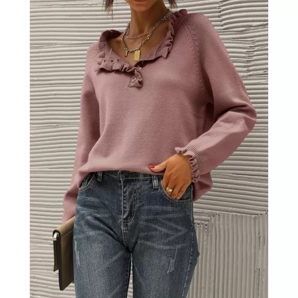 BTFBM 2024 Womens Sweaters Fall Winter Outfits Long Sleeve Button Down Ruffle Crew Neck Casual Knitted Pullover TopsSolid Pink