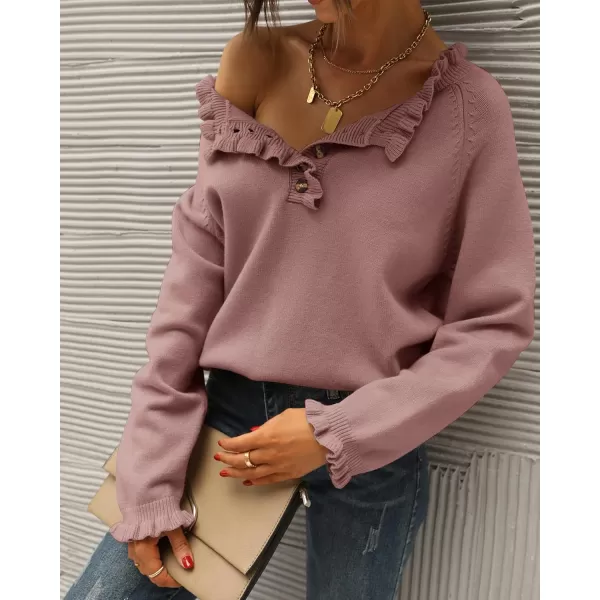 BTFBM 2024 Womens Sweaters Fall Winter Outfits Long Sleeve Button Down Ruffle Crew Neck Casual Knitted Pullover TopsSolid Pink