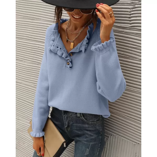 BTFBM 2024 Womens Sweaters Fall Winter Outfits Long Sleeve Button Down Ruffle Crew Neck Casual Knitted Pullover TopsSolid Sky Blue