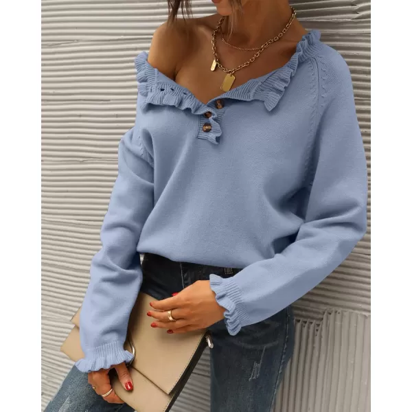 BTFBM 2024 Womens Sweaters Fall Winter Outfits Long Sleeve Button Down Ruffle Crew Neck Casual Knitted Pullover TopsSolid Sky Blue