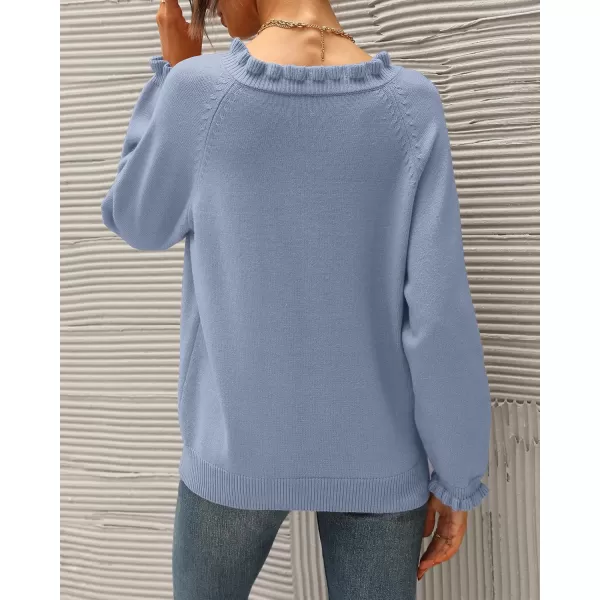 BTFBM 2024 Womens Sweaters Fall Winter Outfits Long Sleeve Button Down Ruffle Crew Neck Casual Knitted Pullover TopsSolid Sky Blue