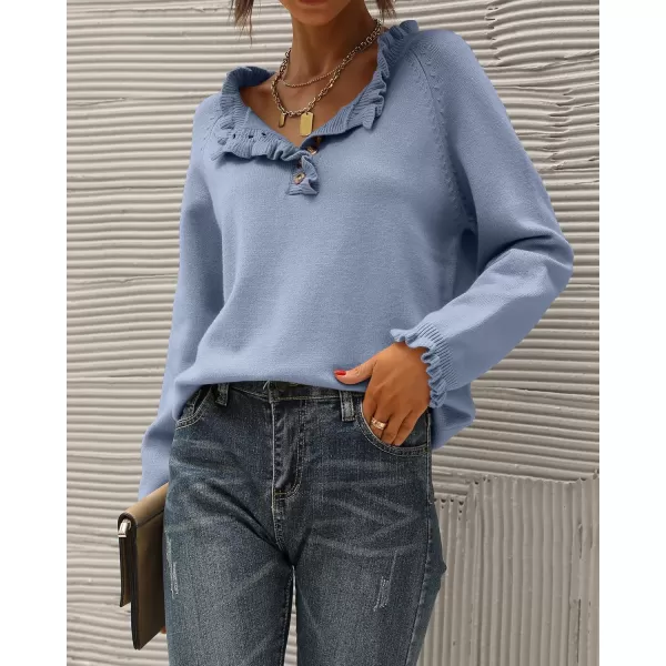 BTFBM 2024 Womens Sweaters Fall Winter Outfits Long Sleeve Button Down Ruffle Crew Neck Casual Knitted Pullover TopsSolid Sky Blue