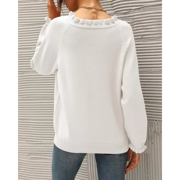 BTFBM 2024 Womens Sweaters Fall Winter Outfits Long Sleeve Button Down Ruffle Crew Neck Casual Knitted Pullover TopsSolid White