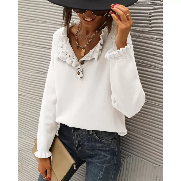 BTFBM 2024 Womens Sweaters Fall Winter Outfits Long Sleeve Button Down Ruffle Crew Neck Casual Knitted Pullover TopsSolid White