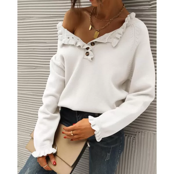BTFBM 2024 Womens Sweaters Fall Winter Outfits Long Sleeve Button Down Ruffle Crew Neck Casual Knitted Pullover TopsSolid White