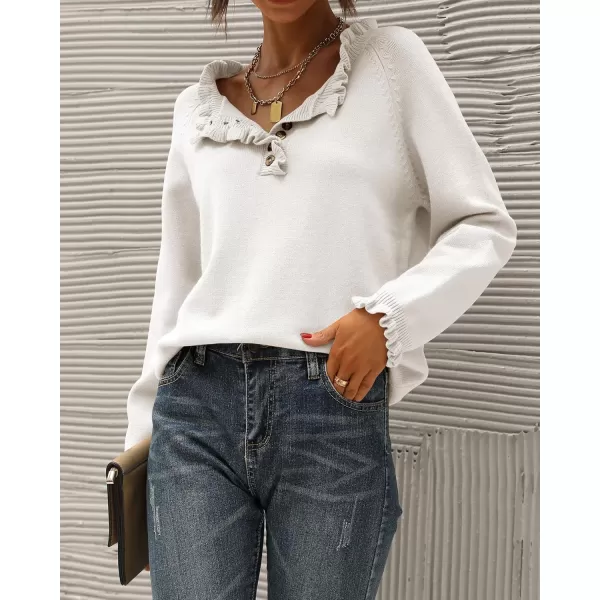 BTFBM 2024 Womens Sweaters Fall Winter Outfits Long Sleeve Button Down Ruffle Crew Neck Casual Knitted Pullover TopsSolid White