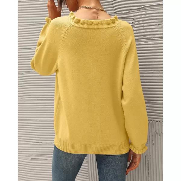BTFBM 2024 Womens Sweaters Fall Winter Outfits Long Sleeve Button Down Ruffle Crew Neck Casual Knitted Pullover TopsSolid Yellow