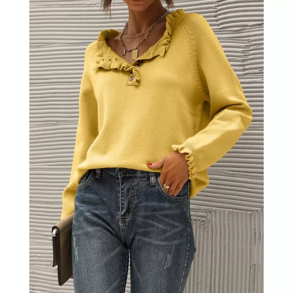 BTFBM 2024 Womens Sweaters Fall Winter Outfits Long Sleeve Button Down Ruffle Crew Neck Casual Knitted Pullover TopsSolid Yellow