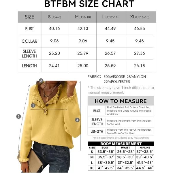 BTFBM 2024 Womens Sweaters Fall Winter Outfits Long Sleeve Button Down Ruffle Crew Neck Casual Knitted Pullover TopsSolid Yellow