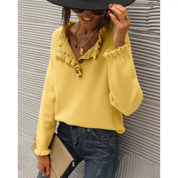 BTFBM 2024 Womens Sweaters Fall Winter Outfits Long Sleeve Button Down Ruffle Crew Neck Casual Knitted Pullover TopsSolid Yellow