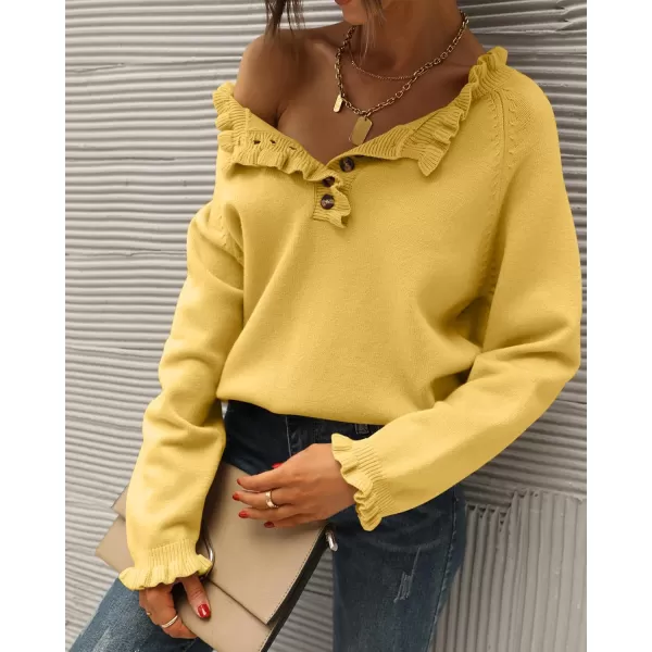 BTFBM 2024 Womens Sweaters Fall Winter Outfits Long Sleeve Button Down Ruffle Crew Neck Casual Knitted Pullover TopsSolid Yellow