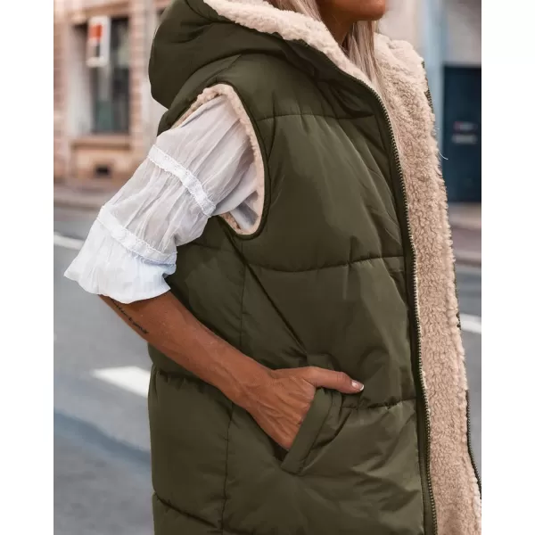 BTFBM Fall Long Puffer Vest Women Sleeveless Hooded Reversible Fleece Sherpa Jacket Zip Up Winter Coat Outerwear VestsSolid Army Green