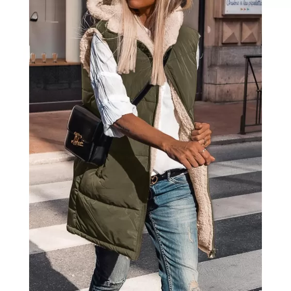BTFBM Fall Long Puffer Vest Women Sleeveless Hooded Reversible Fleece Sherpa Jacket Zip Up Winter Coat Outerwear VestsSolid Army Green