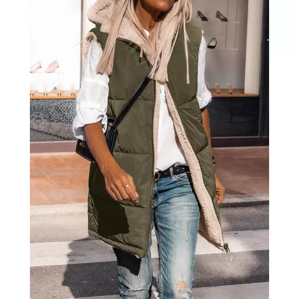 BTFBM Fall Long Puffer Vest Women Sleeveless Hooded Reversible Fleece Sherpa Jacket Zip Up Winter Coat Outerwear VestsSolid Army Green