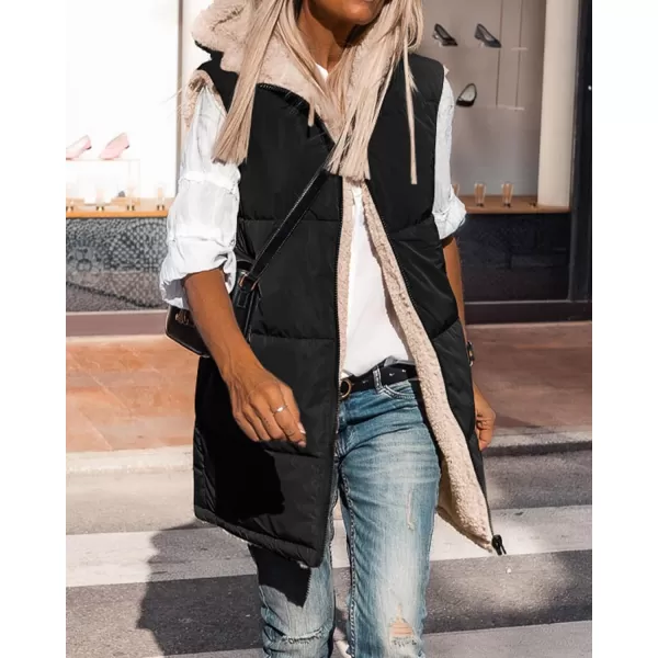 BTFBM Fall Long Puffer Vest Women Sleeveless Hooded Reversible Fleece Sherpa Jacket Zip Up Winter Coat Outerwear VestsSolid Black