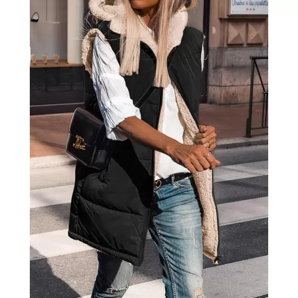 BTFBM Fall Long Puffer Vest Women Sleeveless Hooded Reversible Fleece Sherpa Jacket Zip Up Winter Coat Outerwear VestsSolid Black
