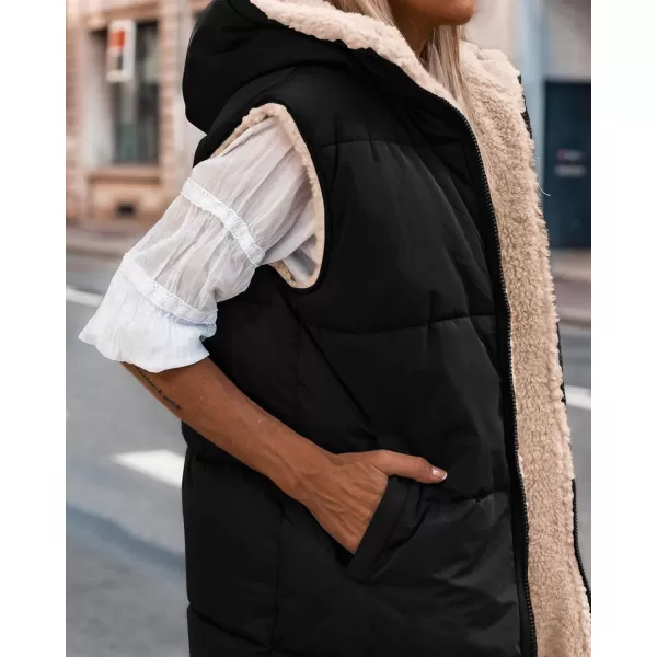 BTFBM Fall Long Puffer Vest Women Sleeveless Hooded Reversible Fleece Sherpa Jacket Zip Up Winter Coat Outerwear VestsSolid Black