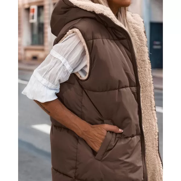 BTFBM Fall Long Puffer Vest Women Sleeveless Hooded Reversible Fleece Sherpa Jacket Zip Up Winter Coat Outerwear VestsSolid Coffee