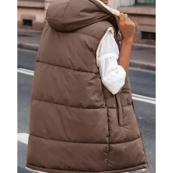 BTFBM Fall Long Puffer Vest Women Sleeveless Hooded Reversible Fleece Sherpa Jacket Zip Up Winter Coat Outerwear VestsSolid Coffee