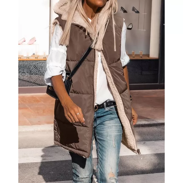 BTFBM Fall Long Puffer Vest Women Sleeveless Hooded Reversible Fleece Sherpa Jacket Zip Up Winter Coat Outerwear VestsSolid Coffee