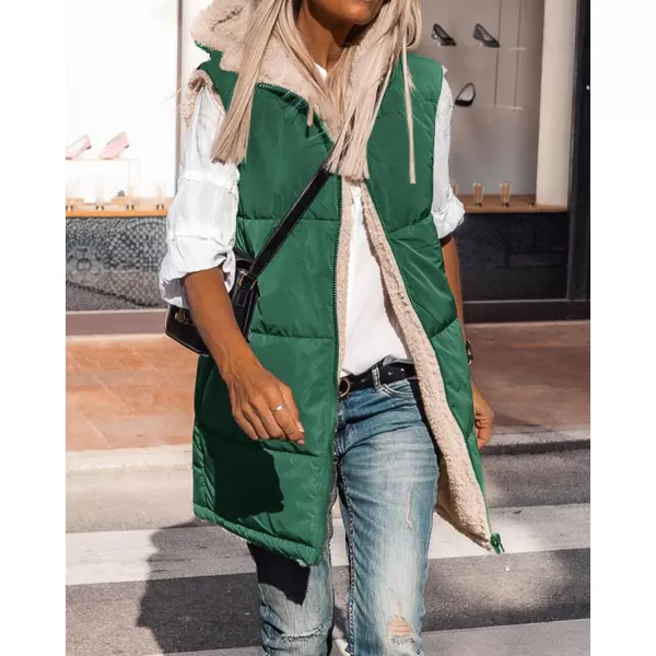 BTFBM Fall Long Puffer Vest Women Sleeveless Hooded Reversible Fleece Sherpa Jacket Zip Up Winter Coat Outerwear VestsSolid Dark Green