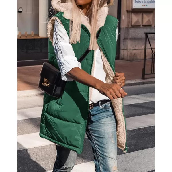 BTFBM Fall Long Puffer Vest Women Sleeveless Hooded Reversible Fleece Sherpa Jacket Zip Up Winter Coat Outerwear VestsSolid Dark Green