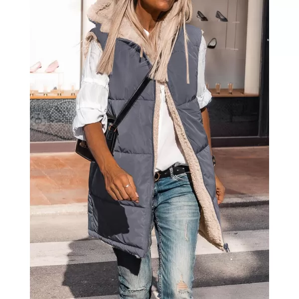 BTFBM Fall Long Puffer Vest Women Sleeveless Hooded Reversible Fleece Sherpa Jacket Zip Up Winter Coat Outerwear VestsSolid Grey Blue