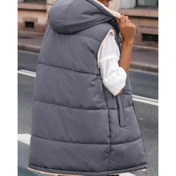 BTFBM Fall Long Puffer Vest Women Sleeveless Hooded Reversible Fleece Sherpa Jacket Zip Up Winter Coat Outerwear VestsSolid Grey Blue