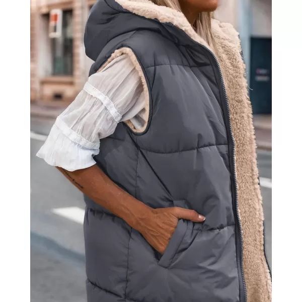 BTFBM Fall Long Puffer Vest Women Sleeveless Hooded Reversible Fleece Sherpa Jacket Zip Up Winter Coat Outerwear VestsSolid Grey Blue