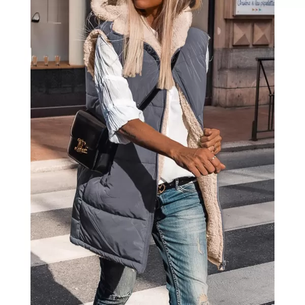 BTFBM Fall Long Puffer Vest Women Sleeveless Hooded Reversible Fleece Sherpa Jacket Zip Up Winter Coat Outerwear VestsSolid Grey Blue