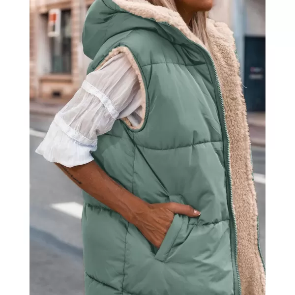 BTFBM Fall Long Puffer Vest Women Sleeveless Hooded Reversible Fleece Sherpa Jacket Zip Up Winter Coat Outerwear VestsSolid Grey Green