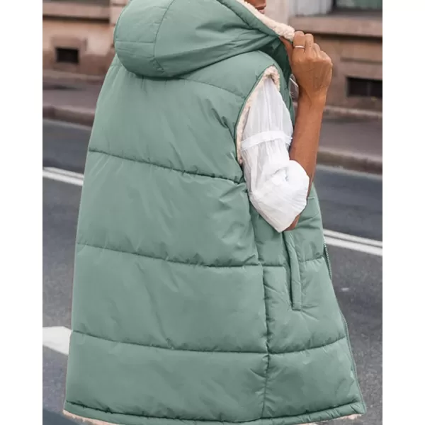 BTFBM Fall Long Puffer Vest Women Sleeveless Hooded Reversible Fleece Sherpa Jacket Zip Up Winter Coat Outerwear VestsSolid Grey Green