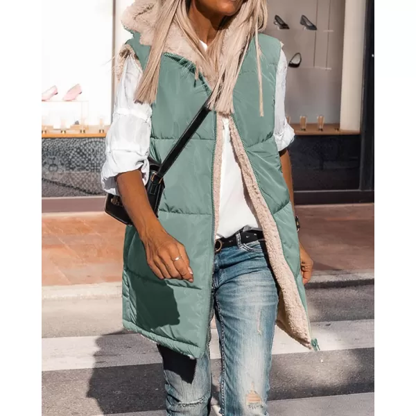 BTFBM Fall Long Puffer Vest Women Sleeveless Hooded Reversible Fleece Sherpa Jacket Zip Up Winter Coat Outerwear VestsSolid Grey Green