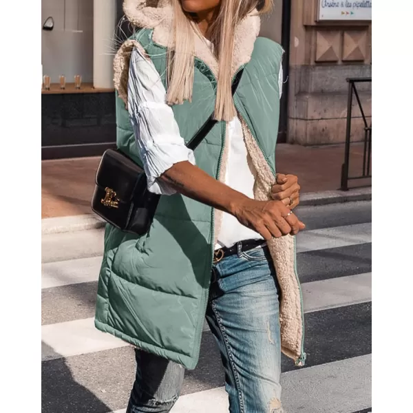 BTFBM Fall Long Puffer Vest Women Sleeveless Hooded Reversible Fleece Sherpa Jacket Zip Up Winter Coat Outerwear VestsSolid Grey Green